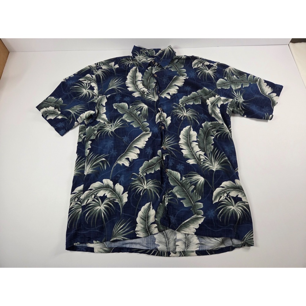 Moda Campia Moda Shirt Mens Large Blue Palm Fronds Button Up Rayon Hawaiian